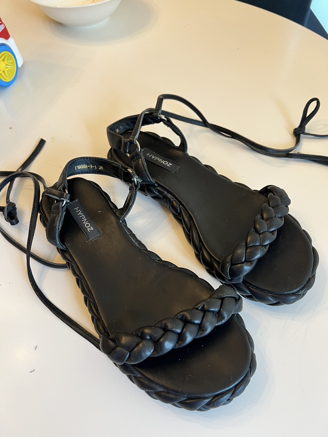 Hypnoz Black Braided pure real Leather Sandals with Ankle Ties