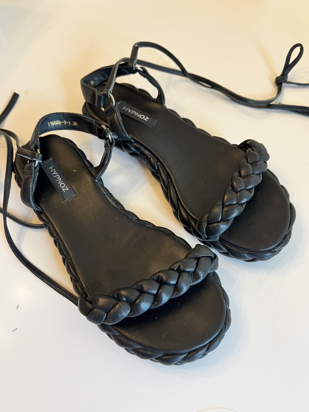 Hypnoz Black Braided pure real Leather Sandals with Ankle Ties - photo 2