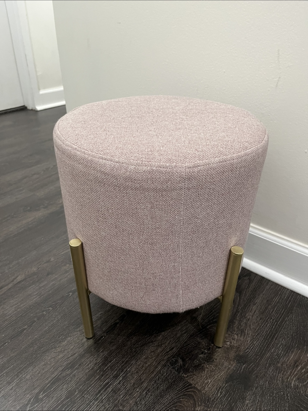 Pink Round Upholstered Ottoman with Gold Legs