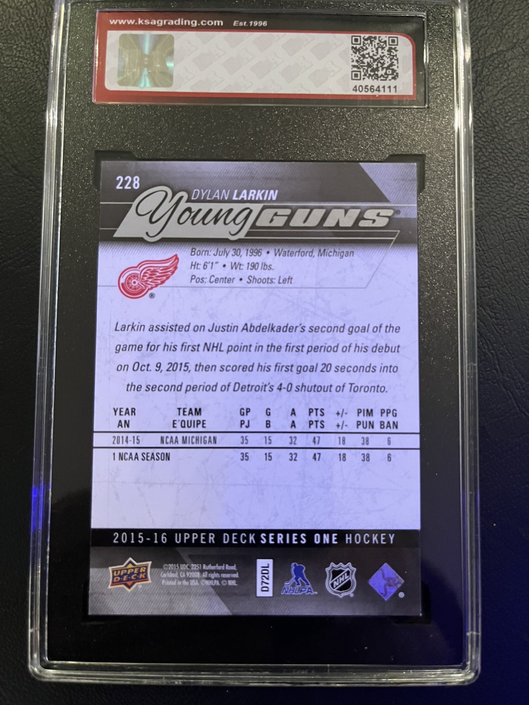 Dylan Larkin- 2015-16 UD Young Guns - KSA 9 Mint - photo 2