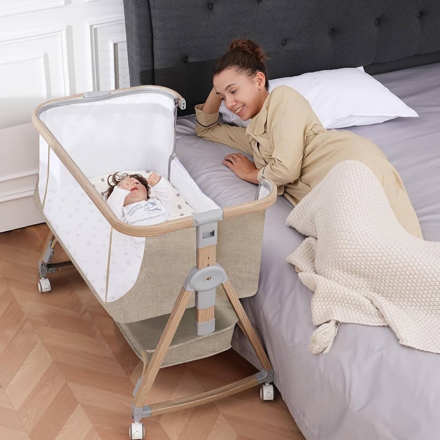 Portable Baby Bassinet with Wheels and Storage