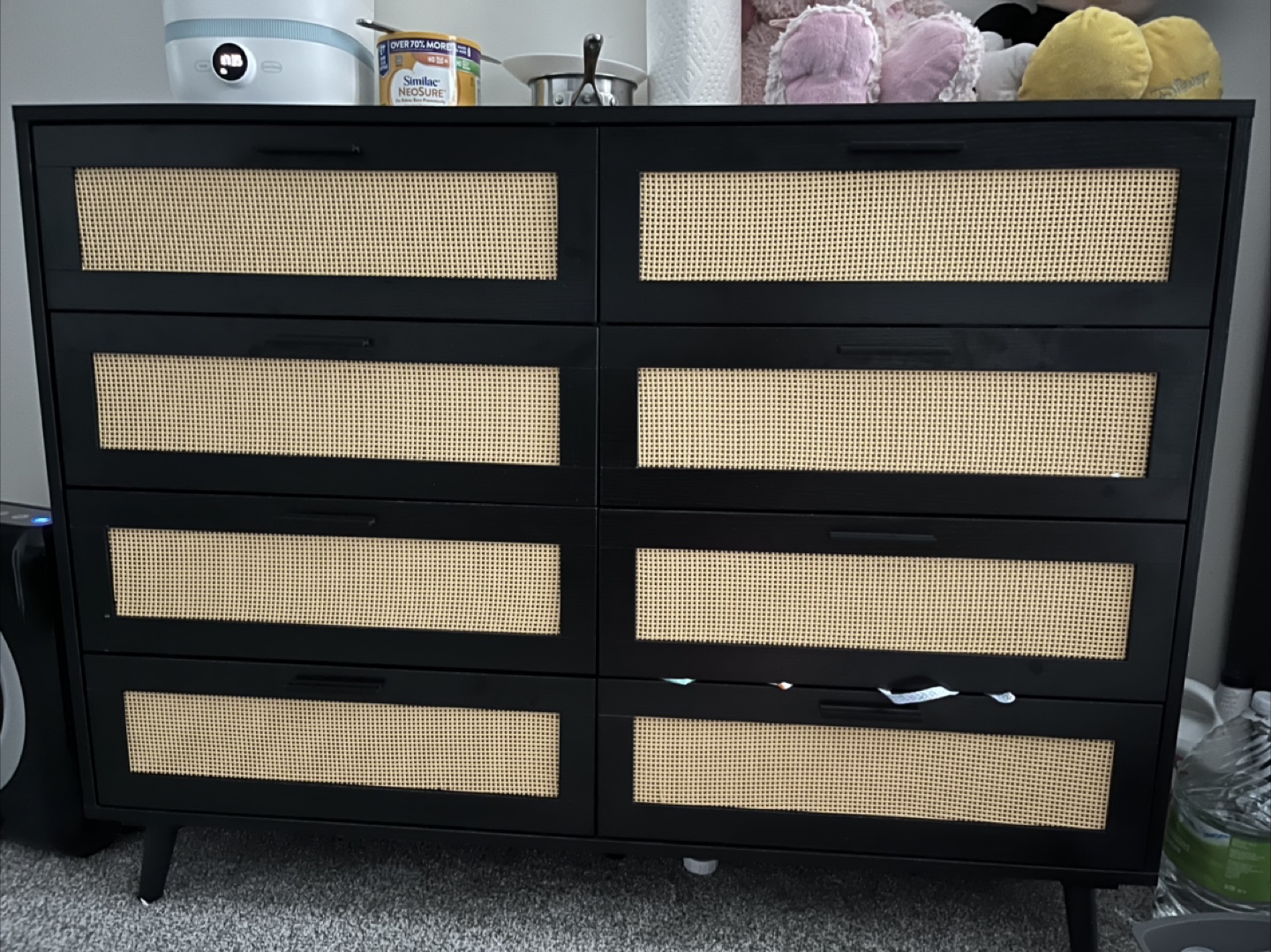 Black 6-Drawer Dresser with Rattan Inserts