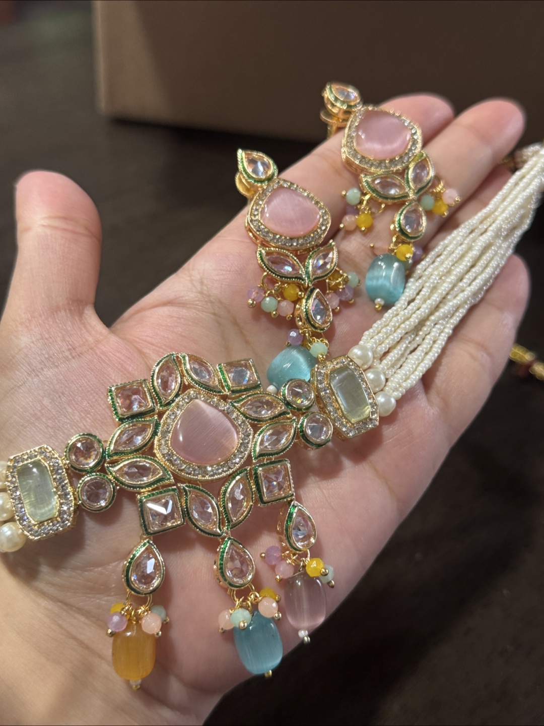 Pastel Coloured Kundan Pearl choker  Set