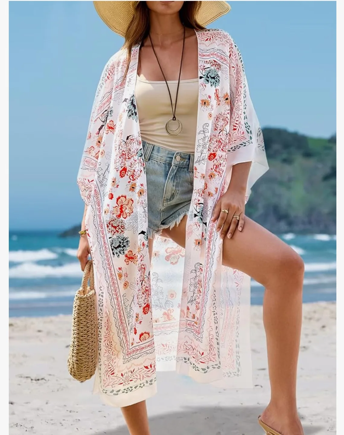 New Long Flowy Floral Beach Chiffon Kimono Size : L thumbnail