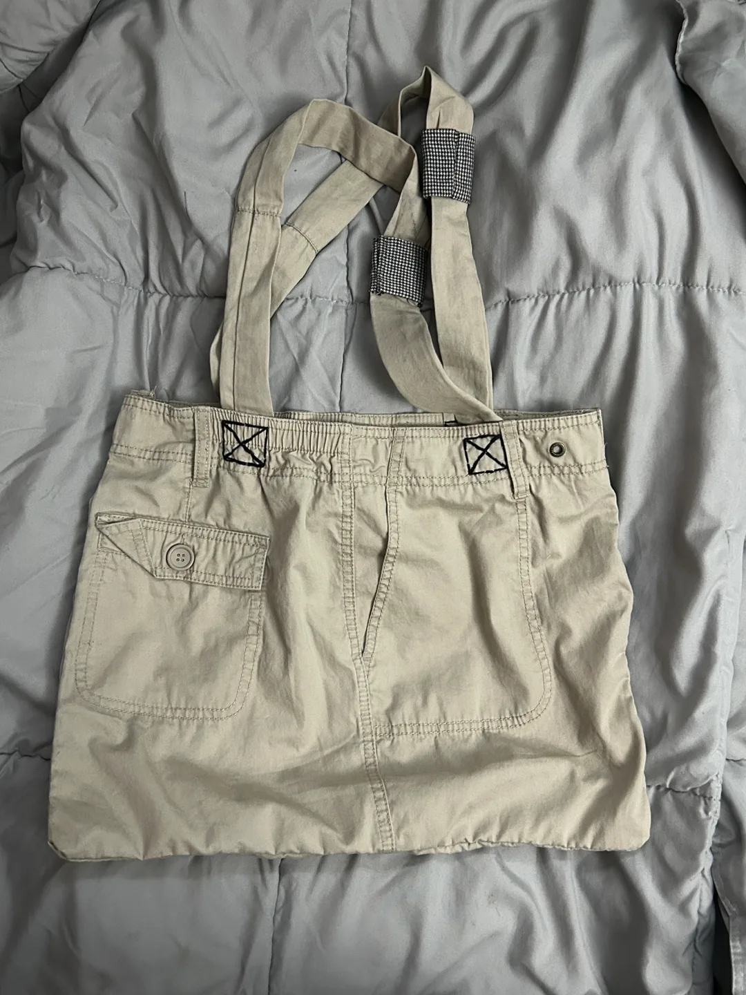 Khaki canvas tote bag made from cargo pants thumbnail