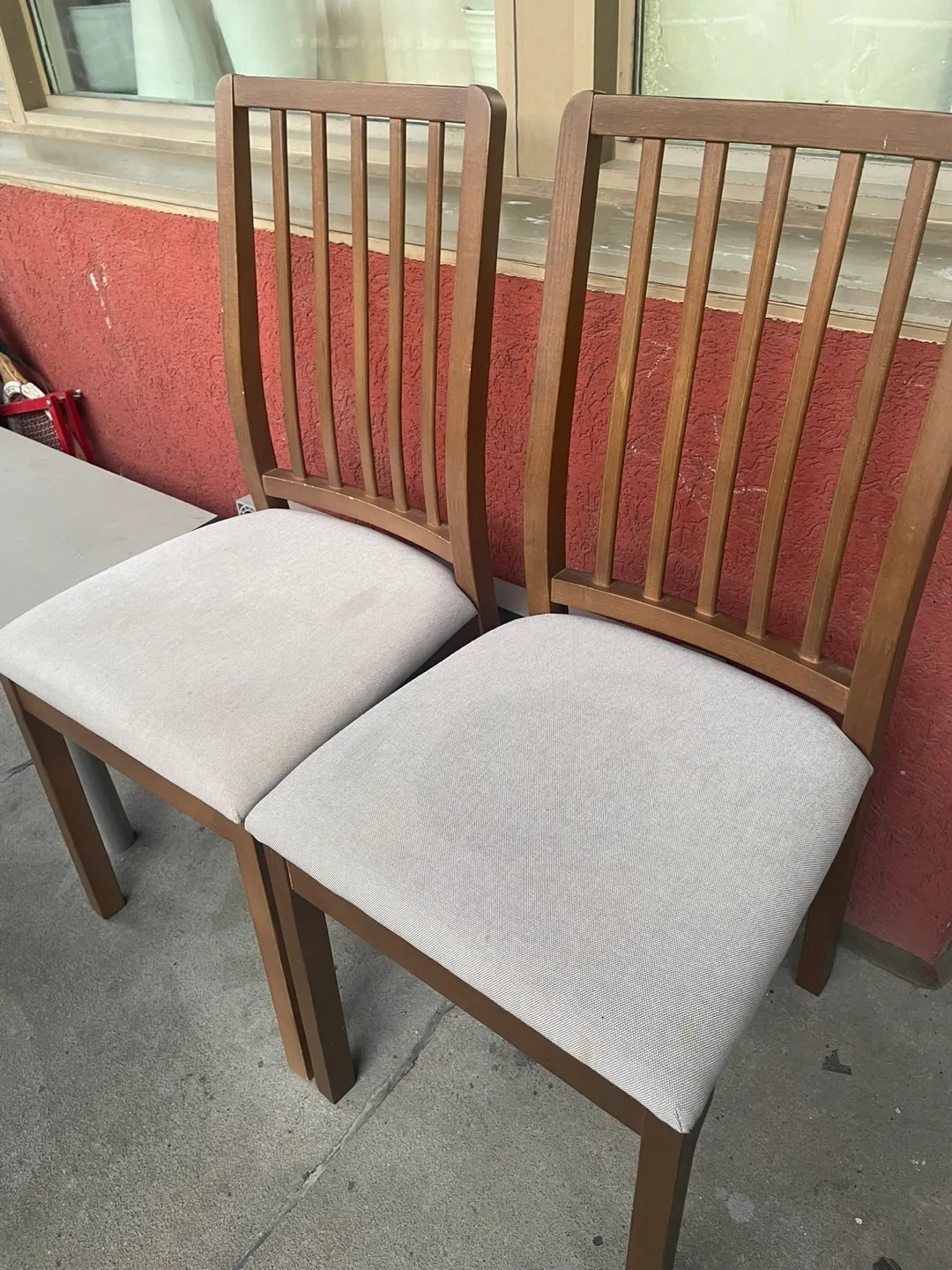 Pair of Brown Wooden Dining Chairs with Light Grey Cushions thumbnail