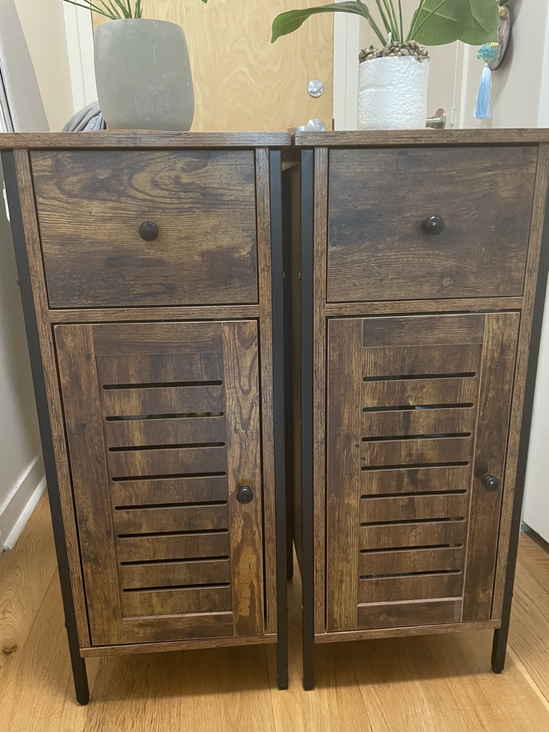 Pair of Rustic Wooden Nightstands with Drawers and Cabinets