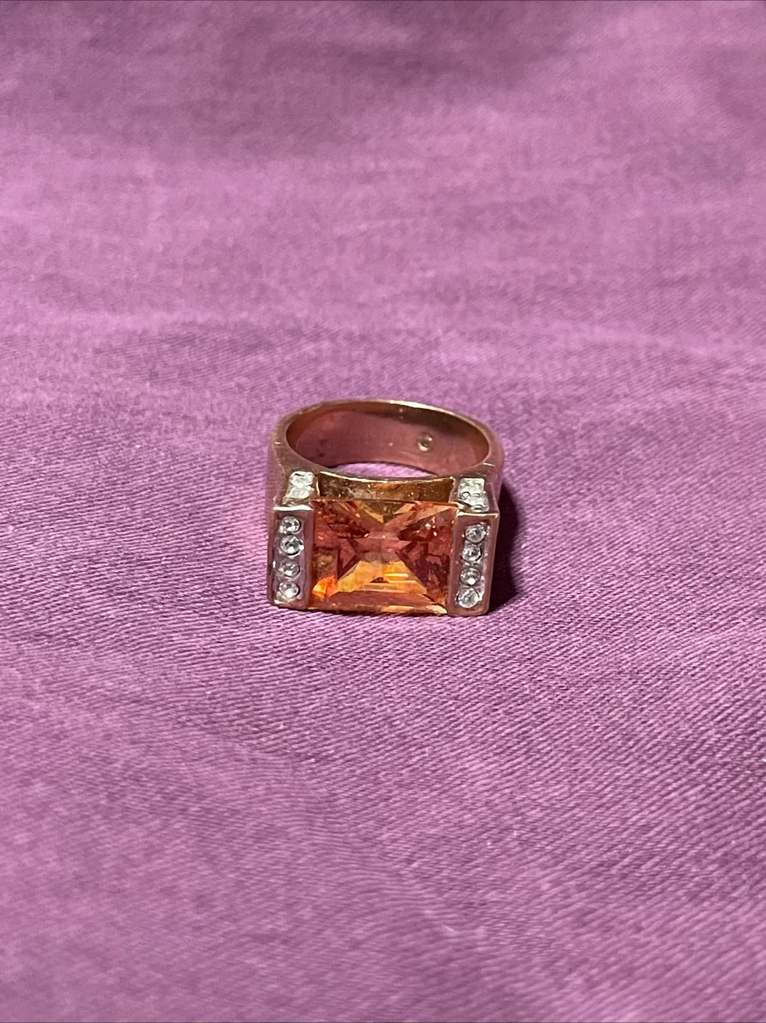 Gold Statement Ring with Orange Gemstone and Clear Accents thumbnail