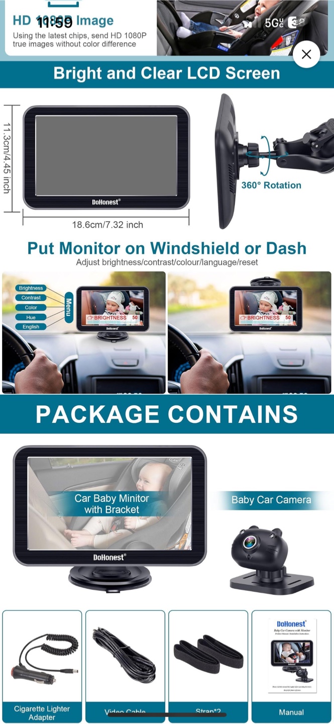 DoHonest 7" HD 1080P Rear-Facing Car Baby Monitor - photo 2