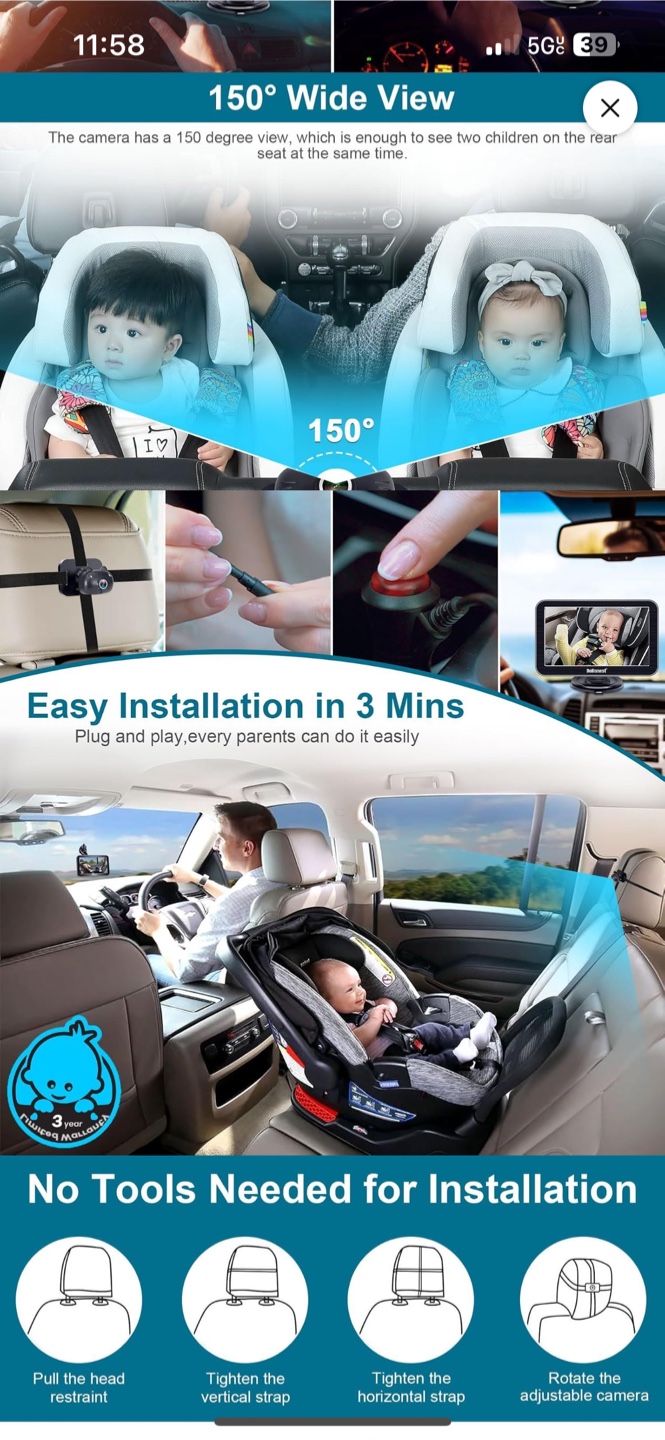 DoHonest 7" HD 1080P Rear-Facing Car Baby Monitor - photo 4