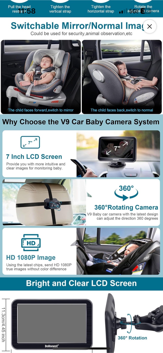DoHonest 7" HD 1080P Rear-Facing Car Baby Monitor - photo 3