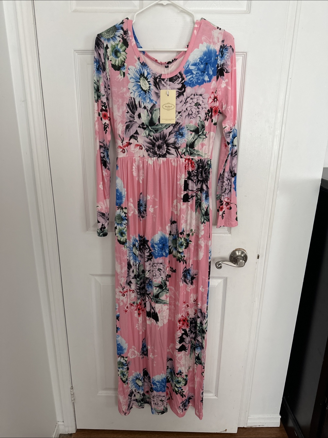 Pink Floral Maxi Dress with Long Sleeves