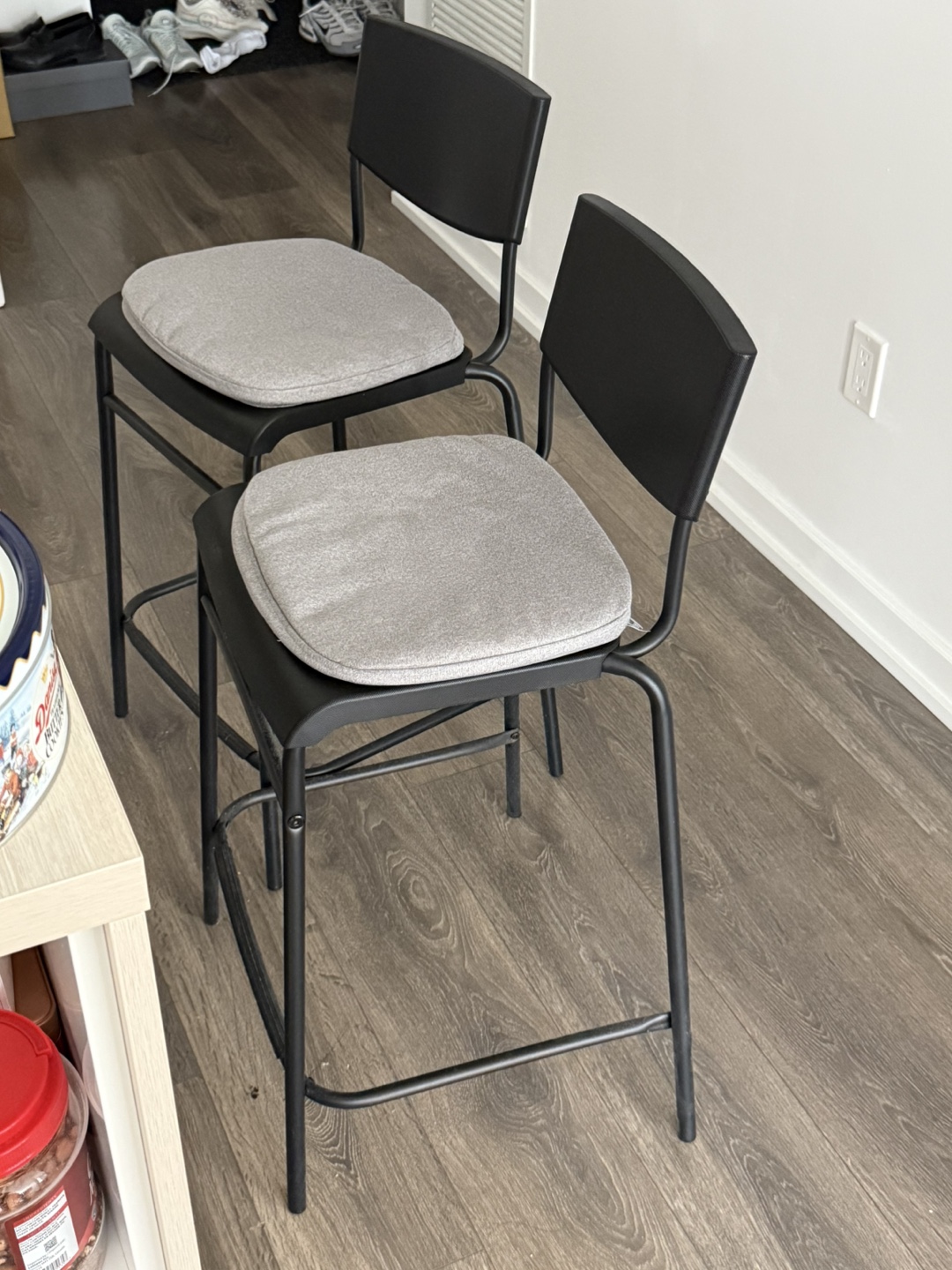 pair of IKEA Bar Stools with Grey Cushions