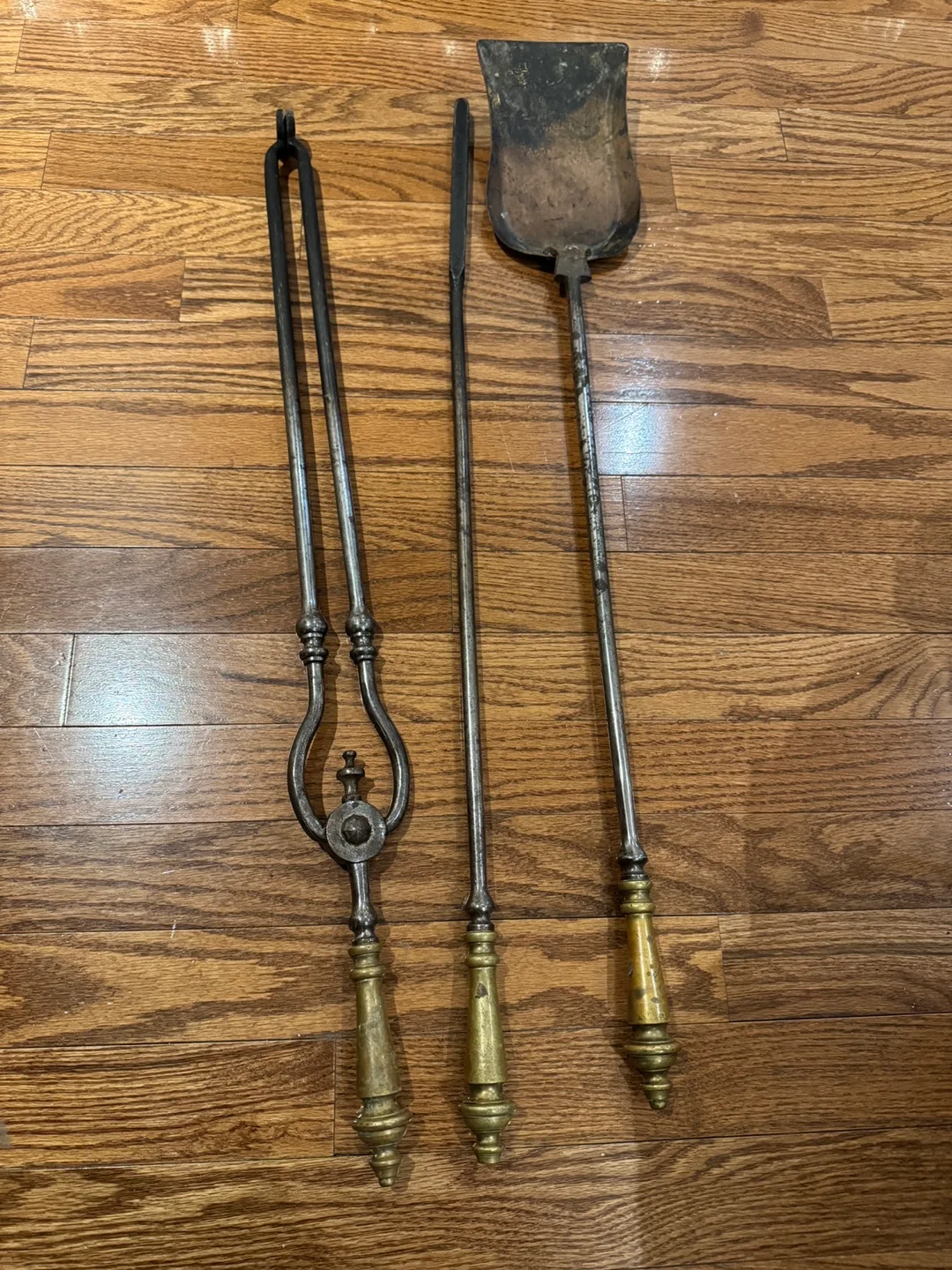 Antique Fireplace Tool Set - Three-Piece Set with Brass Handles thumbnail