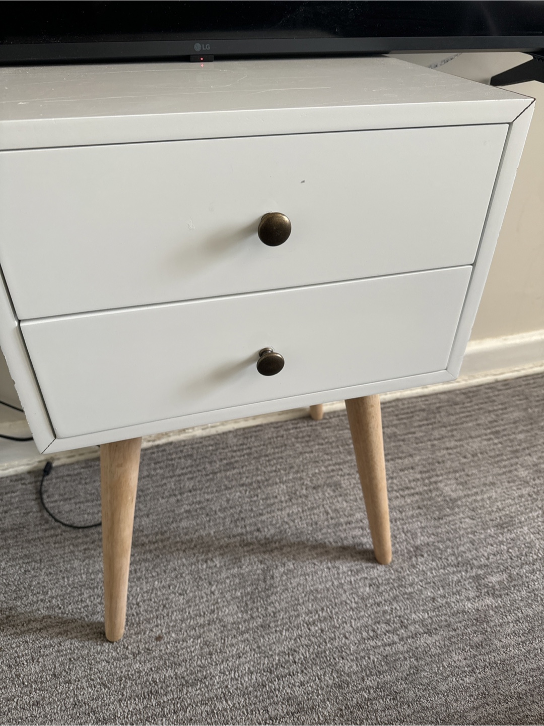 White Two-Drawer Nightstand with Wooden Legs