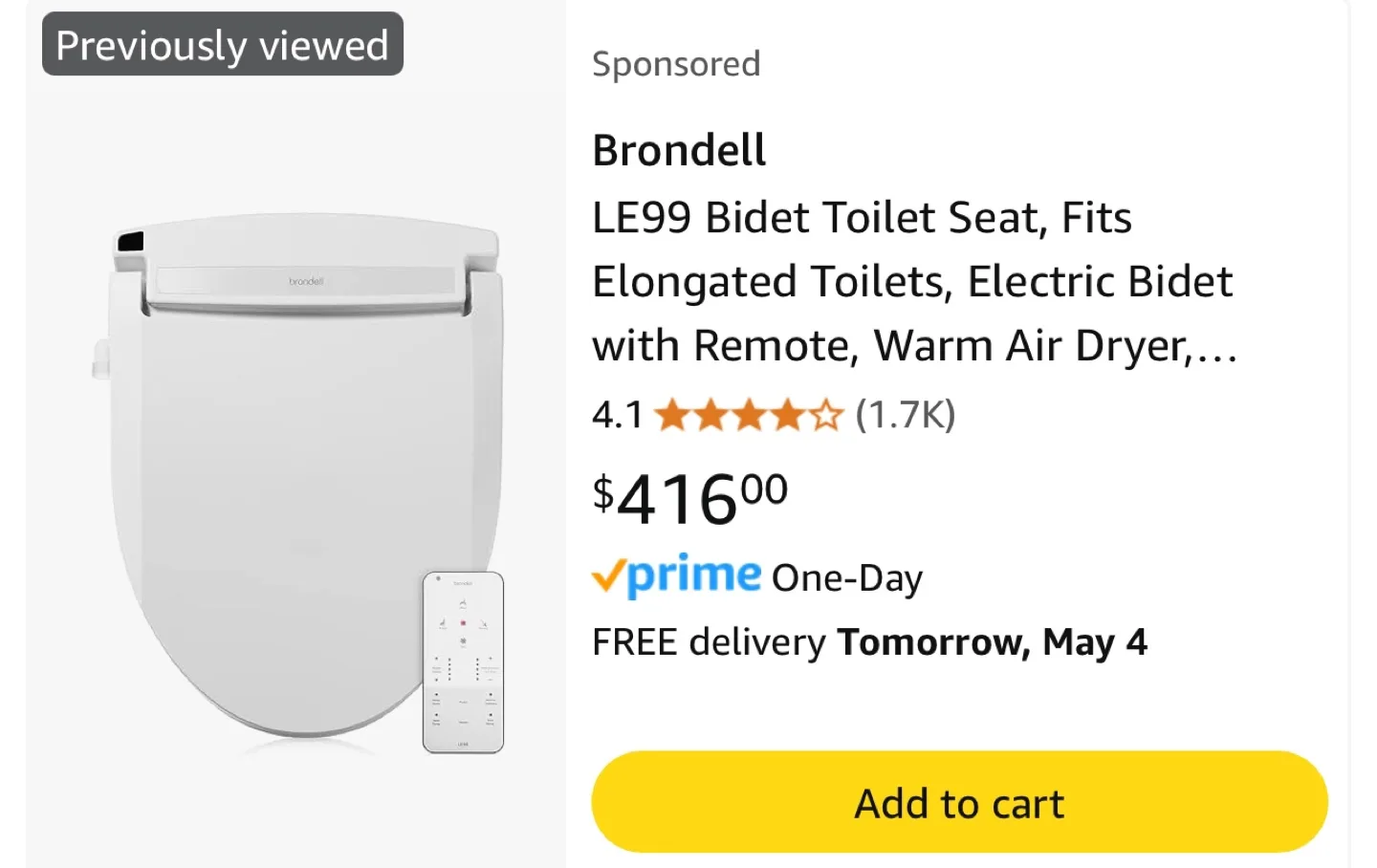 Brondell Swash 1400 Elongated Bidet Toilet Seat - New in Box thumbnail