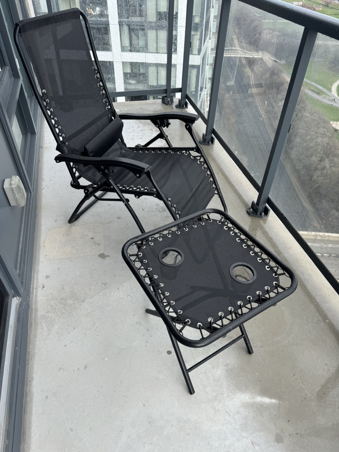 2 Black Folding Patio Chair and Side Table Set