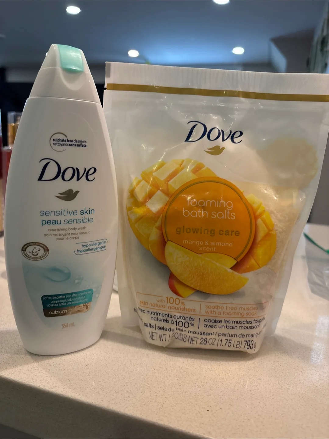 Dove Glowing Care Foaming Bath Salts & Dove sensitive body wash thumbnail