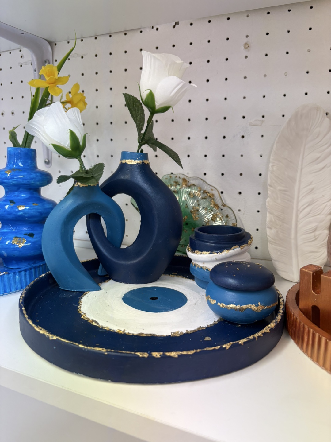 Handmade Evil Eye Decorative Tray Set with Mini Vases & Incense