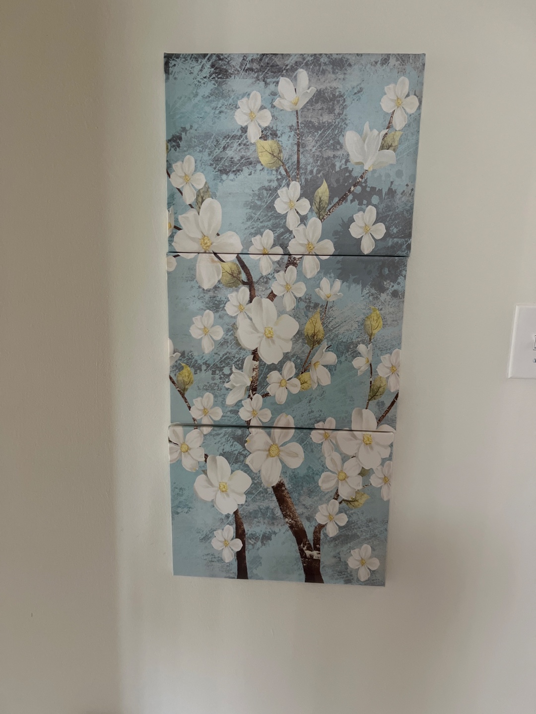 Three-Panel Canvas Wall Art, White Flowers on Teal