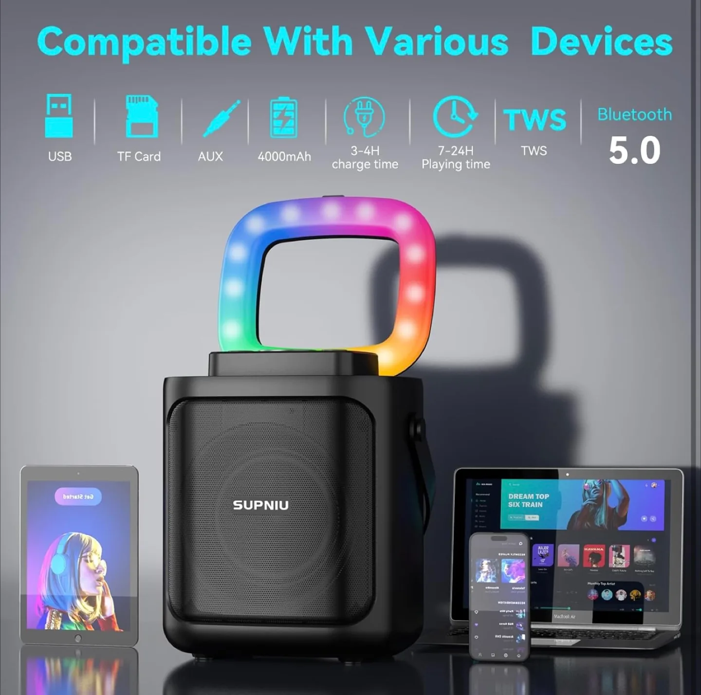 SUPNIU S50 Portable Bluetooth Speaker with LED Ring Light image indicator(5)