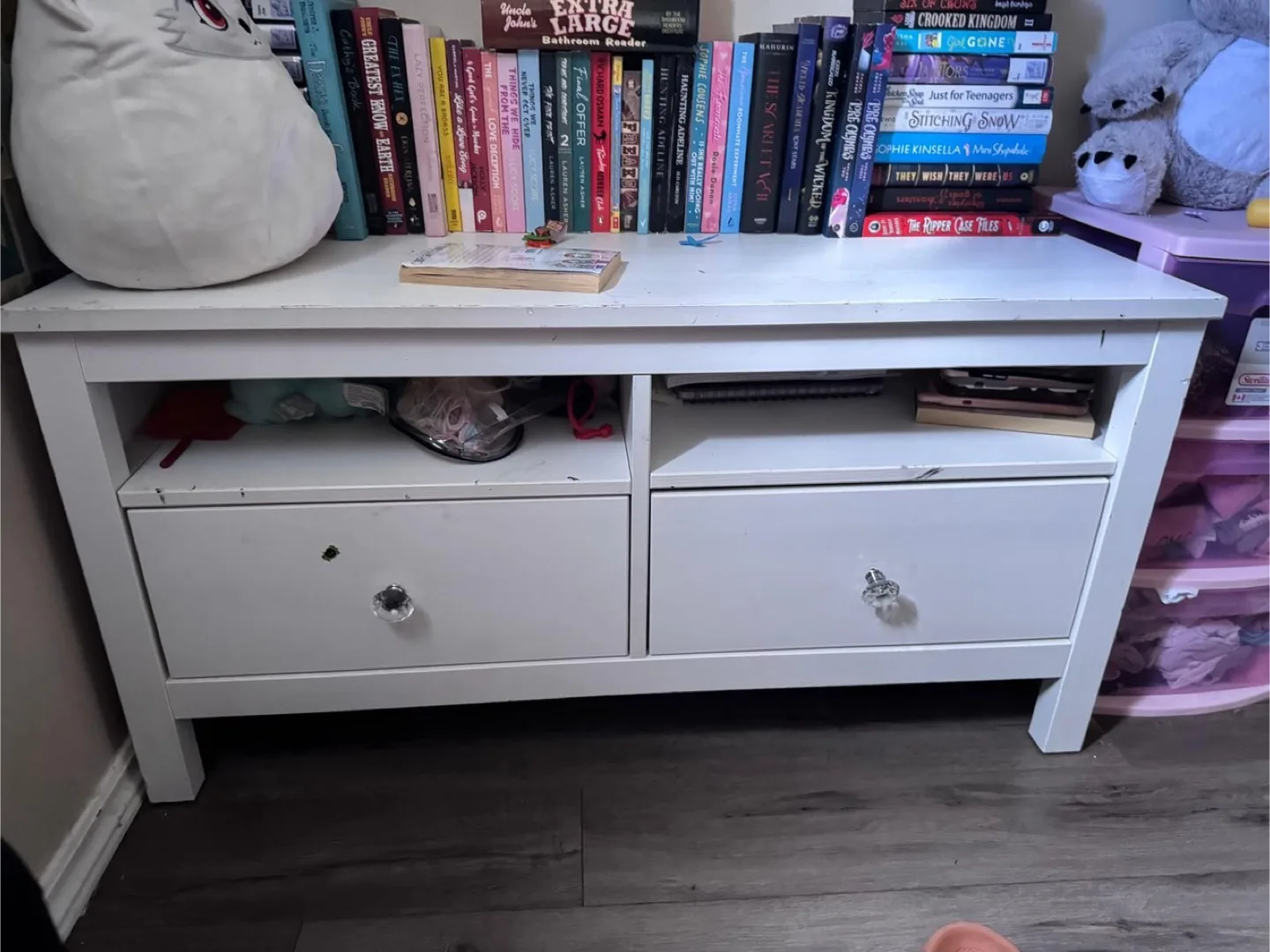 White Wooden Media Console with Two Drawers thumbnail