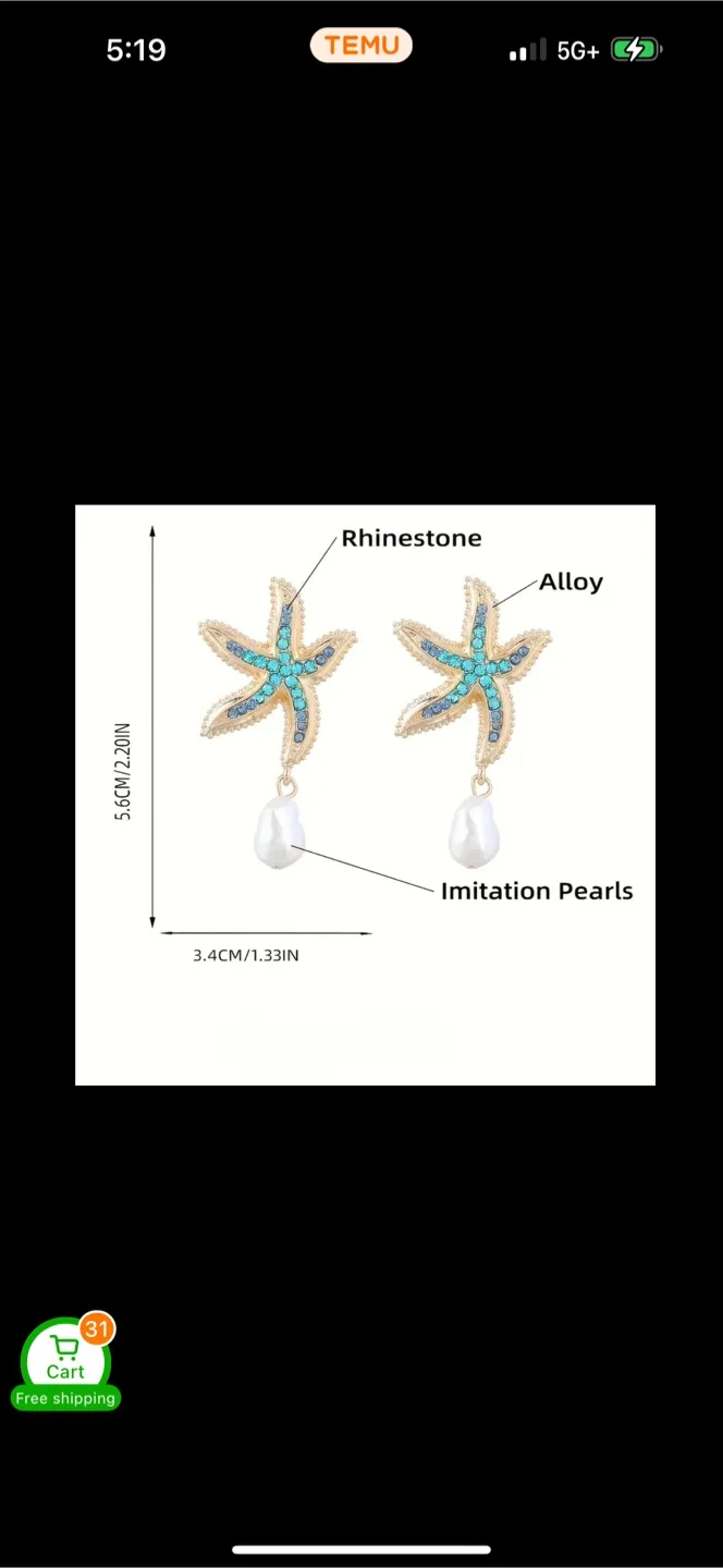 New Pink and Blue Starfish Drop Earrings with Pearls thumbnail