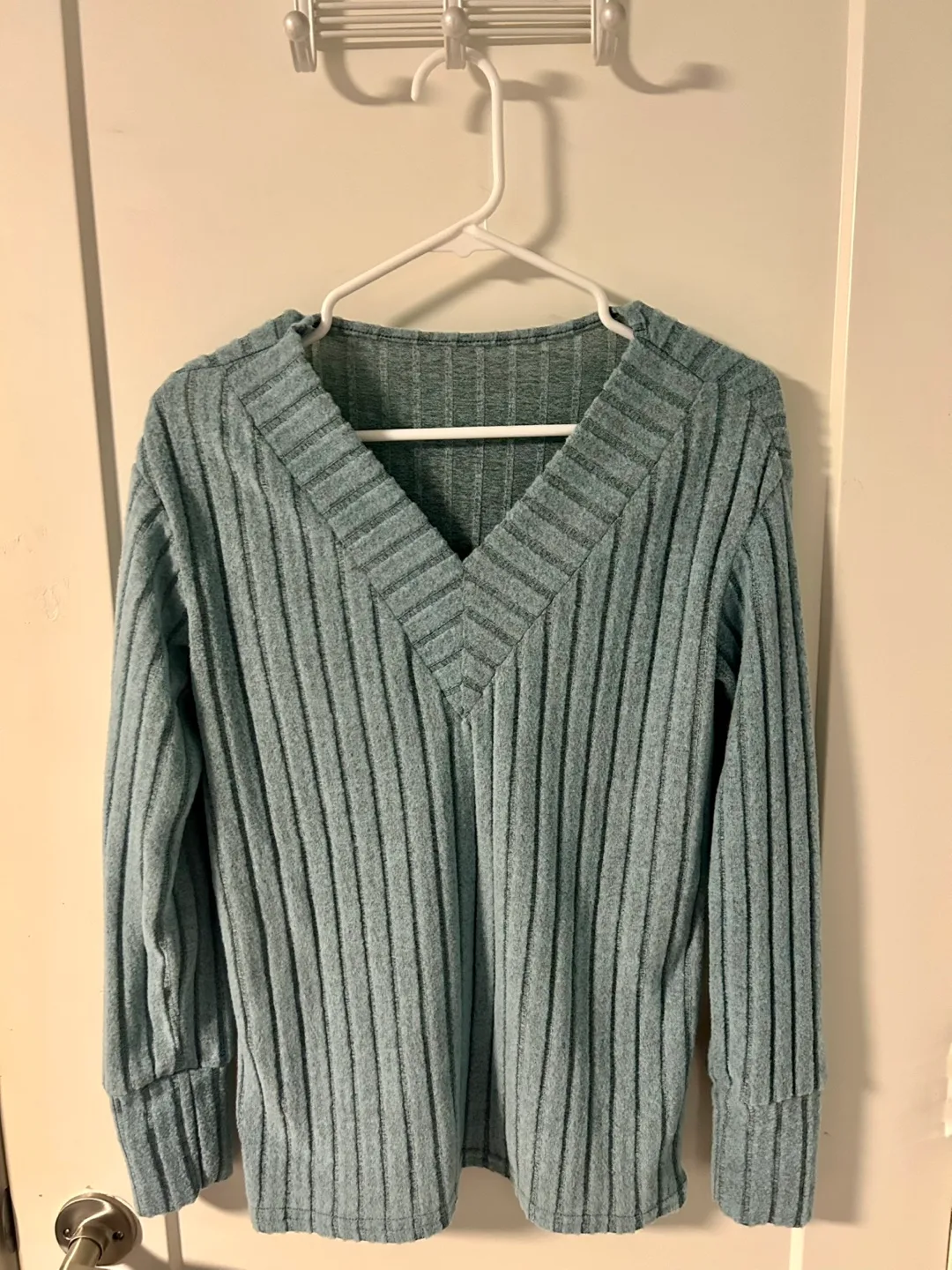 Women's Teal Ribbed V-Neck Sweater thumbnail