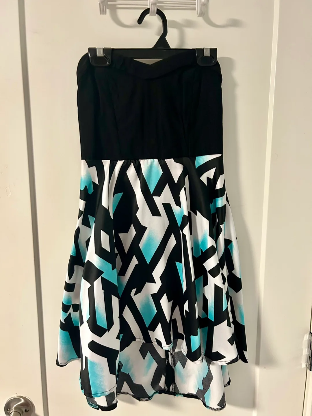 Strapless dress, black and teal geometric print thumbnail