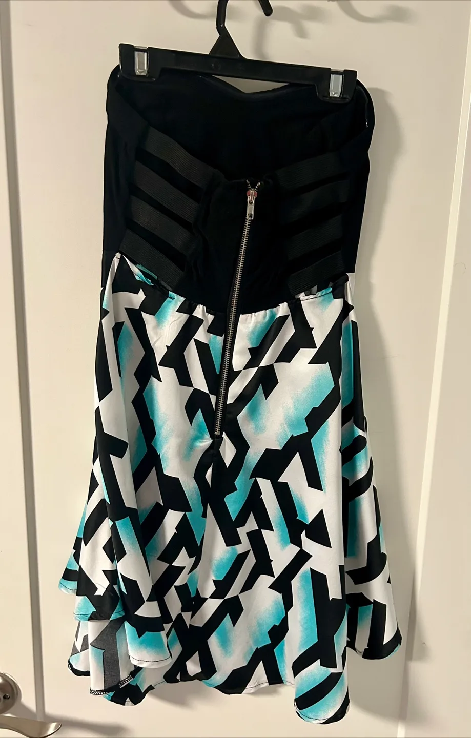 Strapless dress, black and teal geometric print image indicator(2)