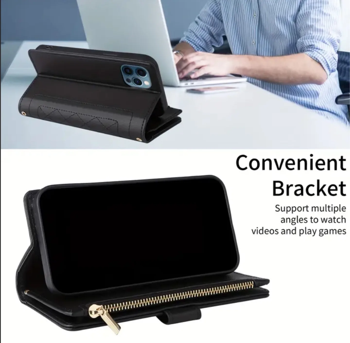 OUKNOFO iPhone 14 Pro Max Wallet Case - Rose Gold & Black image indicator(7)