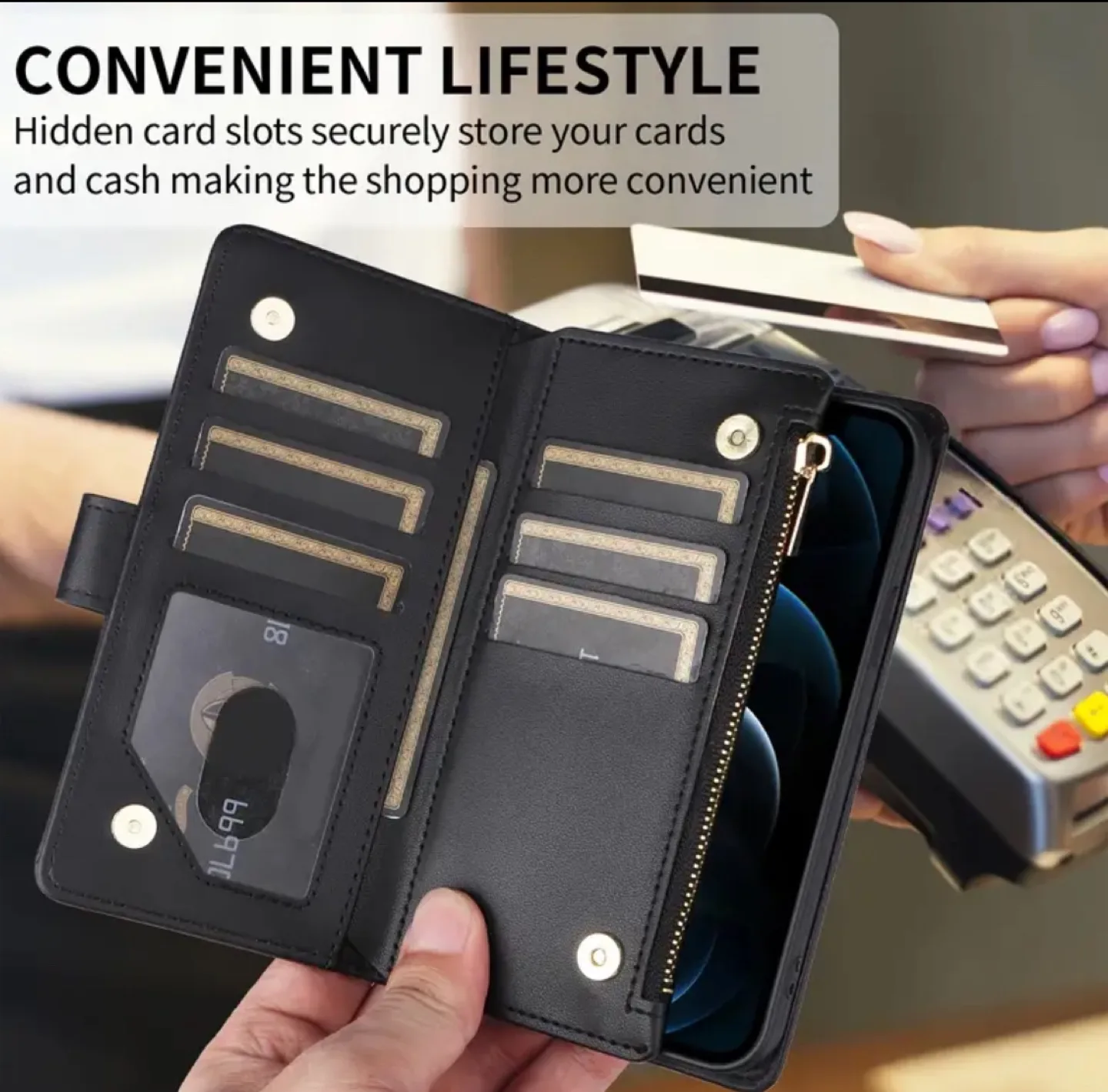 OUKNOFO iPhone 14 Pro Max Wallet Case - Rose Gold & Black image indicator(4)