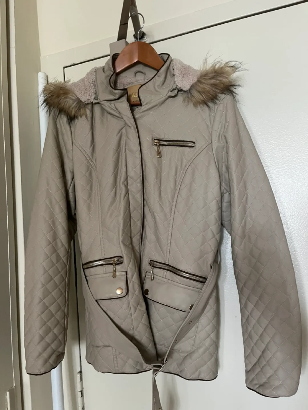 Never used Beige quilted faux leather jacket with fur trim hood thumbnail