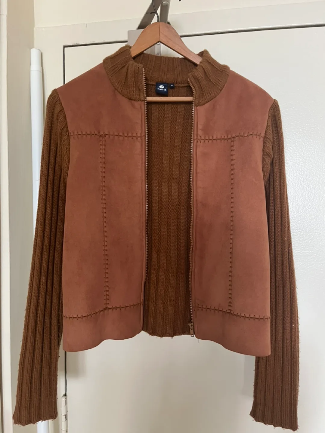 Brown Suede and Knit Zip-Up Jacket. thumbnail