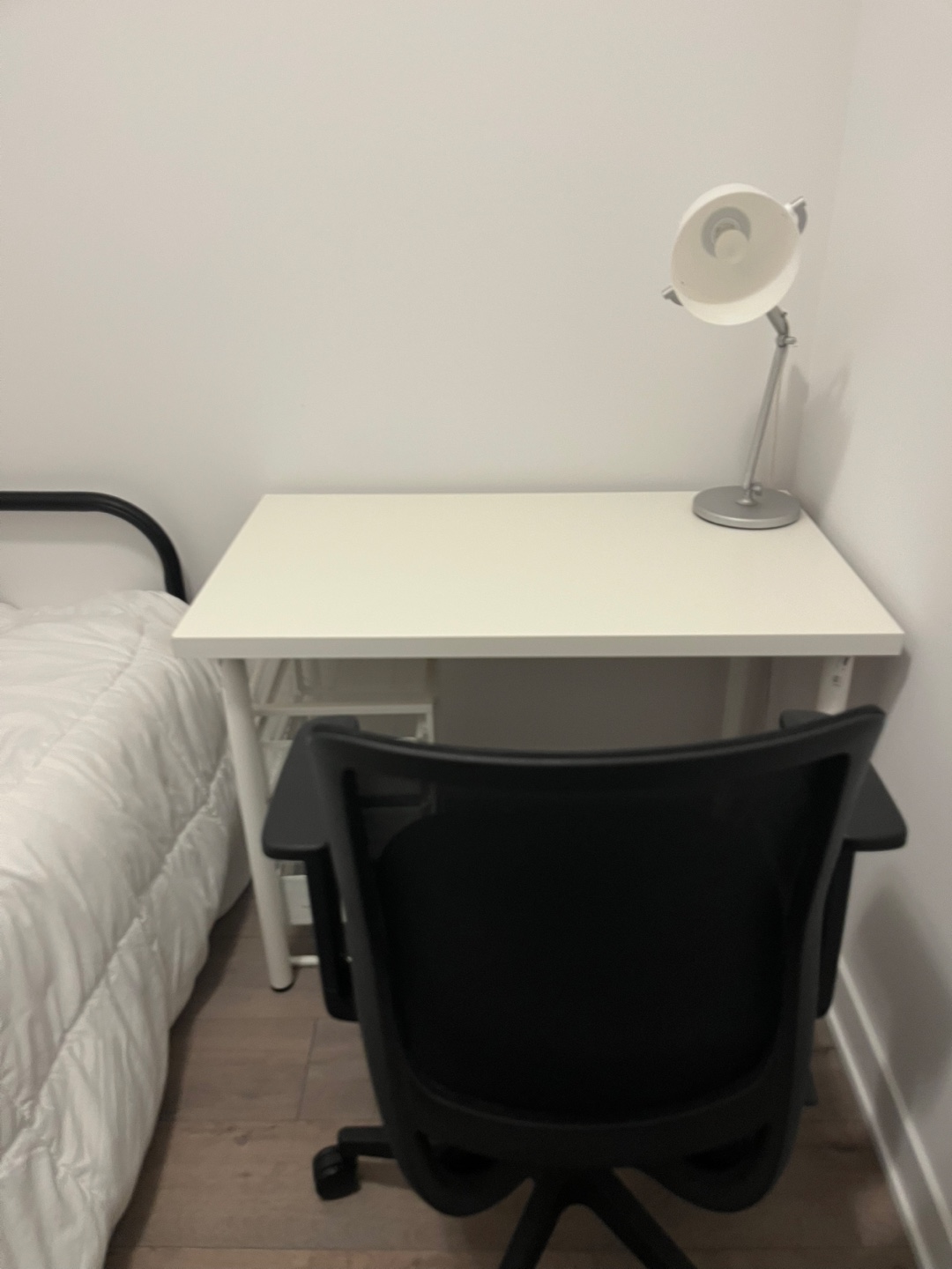 White Desk with Mesh Drawers and Black Office Chair