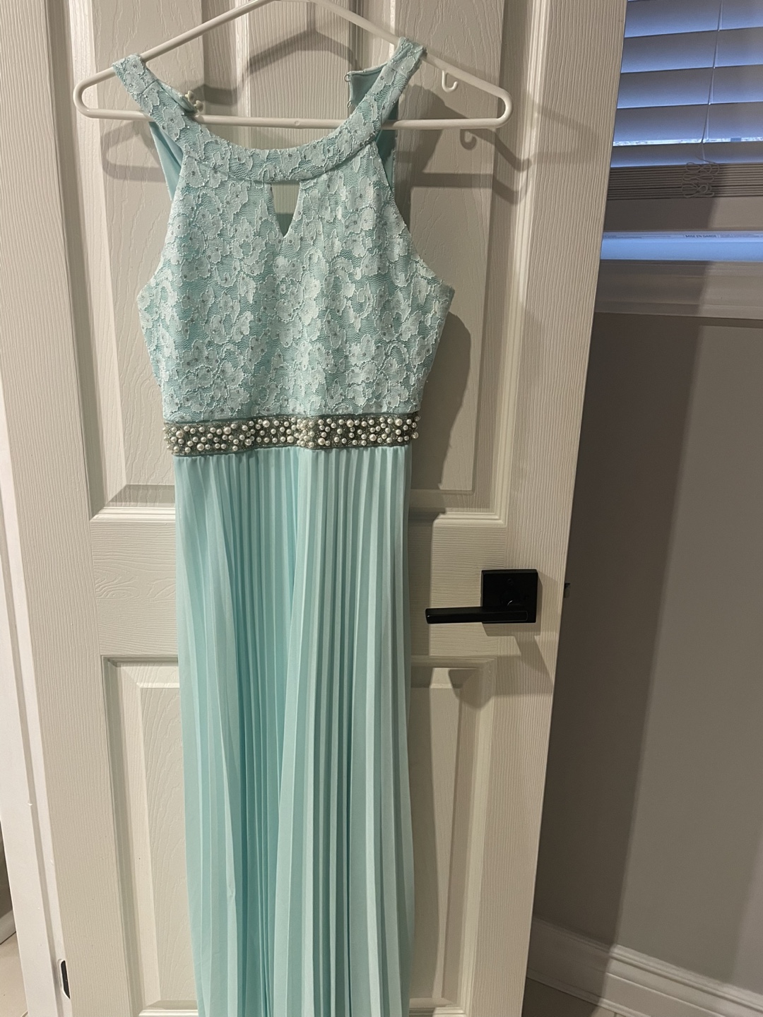 Girls' Mint Green Pleated Maxi Dress with Lace Bodice