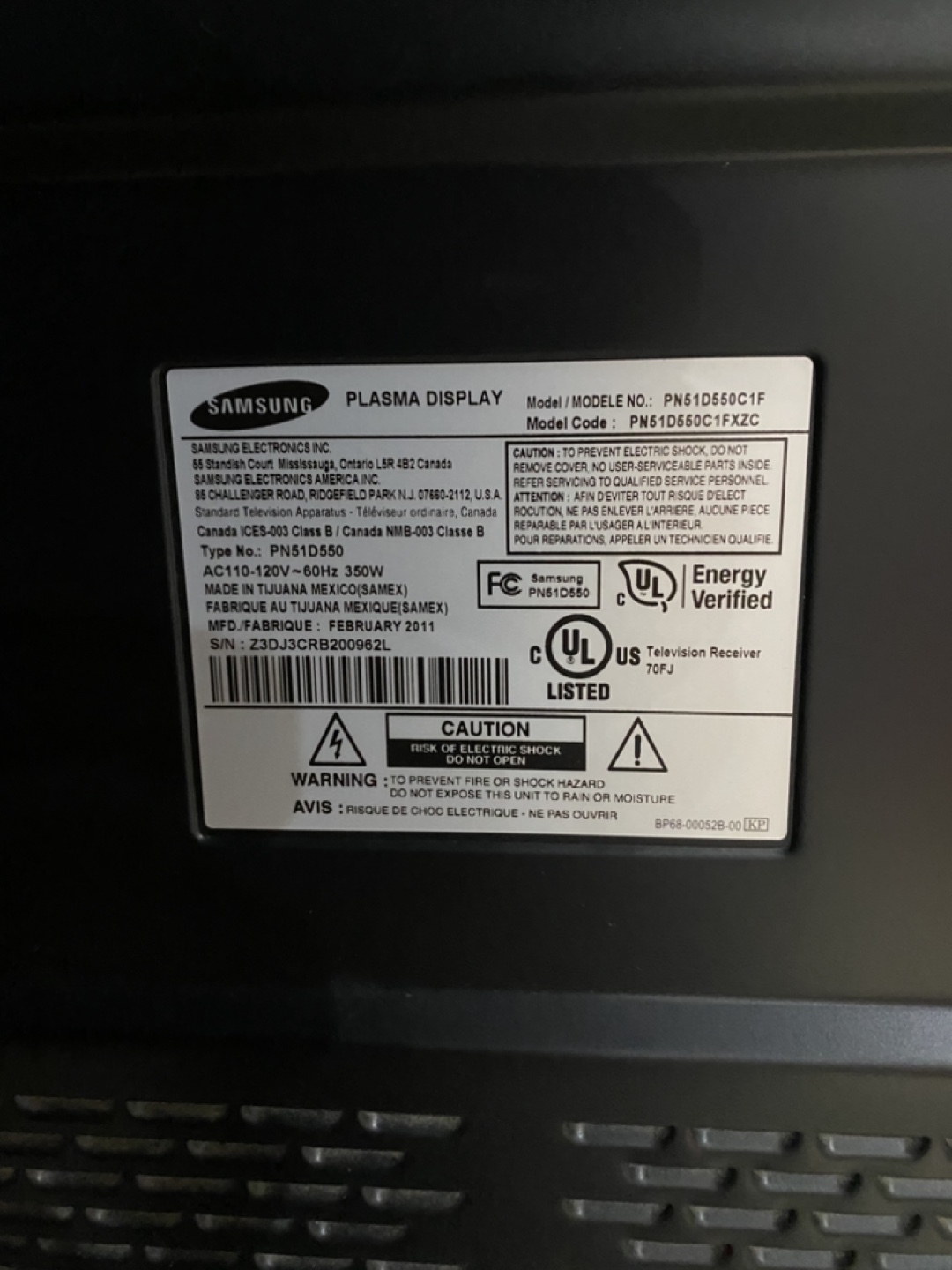 Samsung PN50D550C1FXZC 50-inch Plasma TV - photo 3
