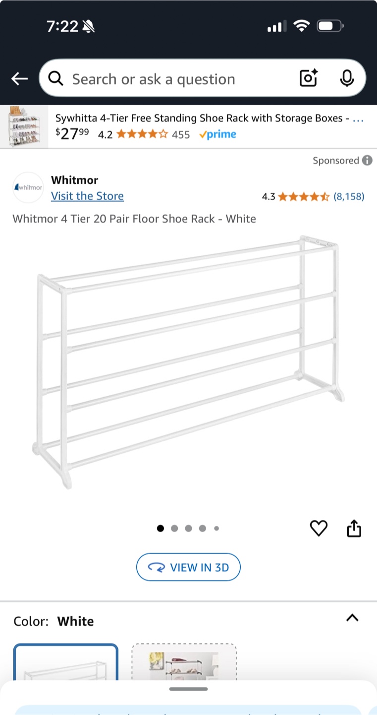 Whitmor 4-Tier 20-Pair Shoe Rack - White