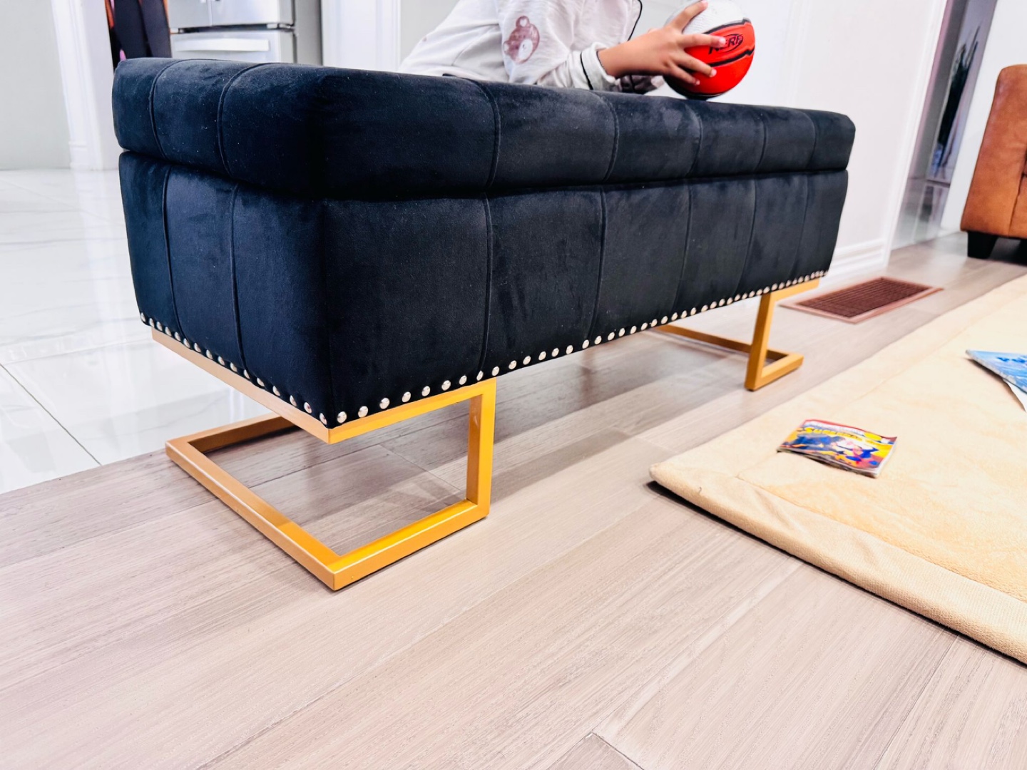 Black Velvet Storage Ottoman with Gold Legs - photo 2