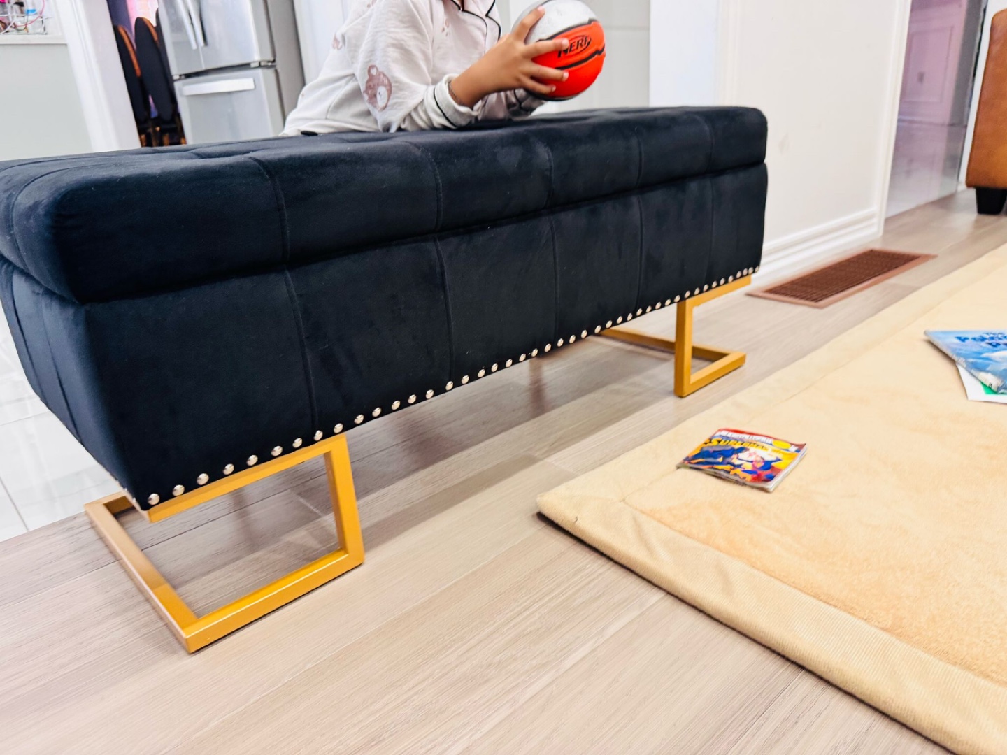 Black Velvet Storage Ottoman with Gold Legs