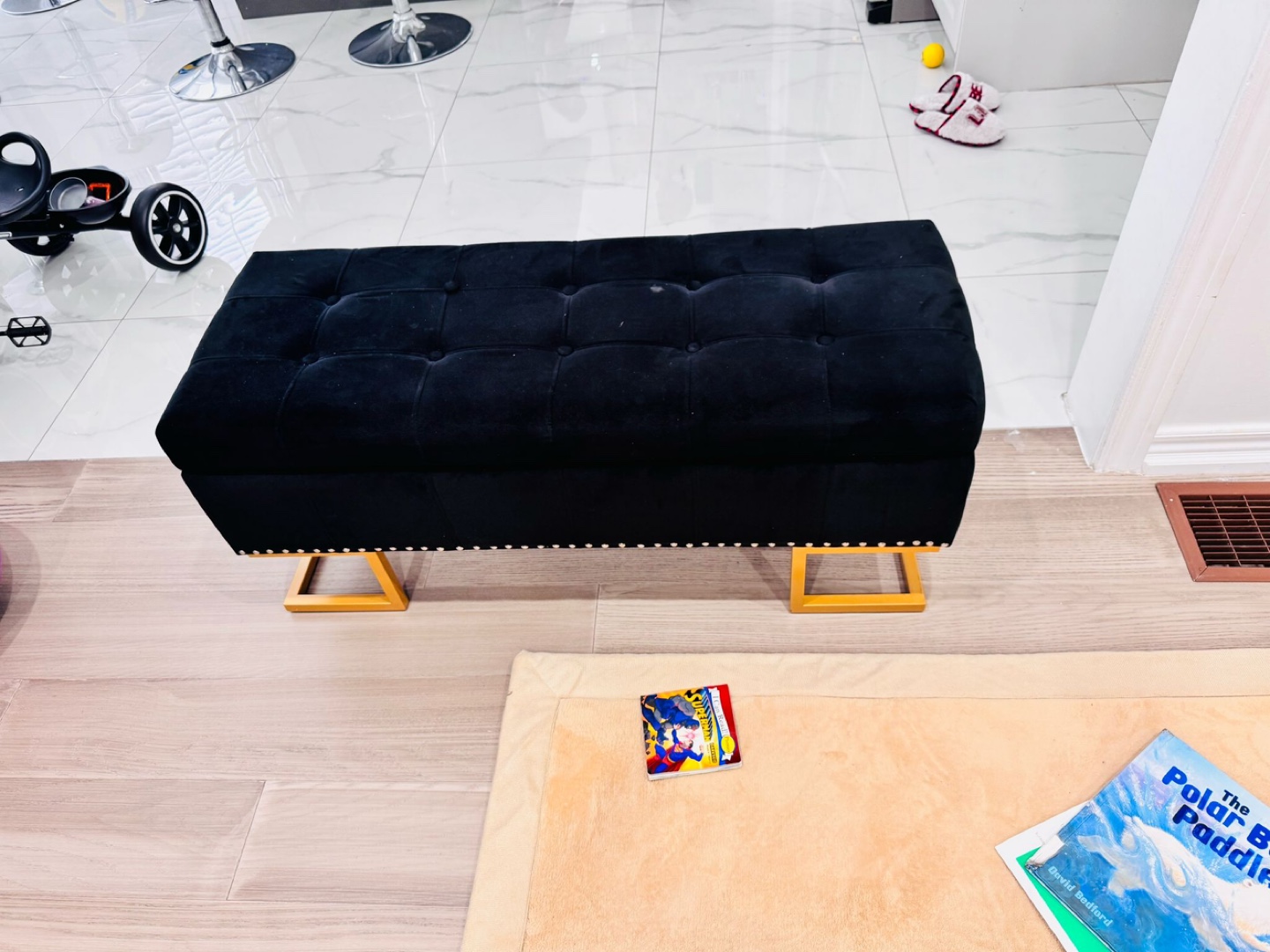 Black Velvet Storage Ottoman with Gold Legs - photo 3