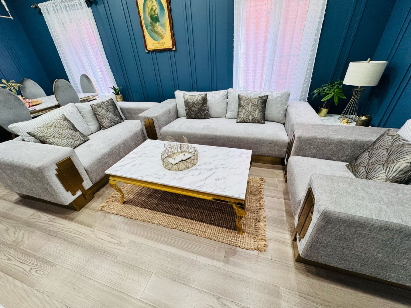 Elegant Grey Sofa with Gold Accents - photo 5