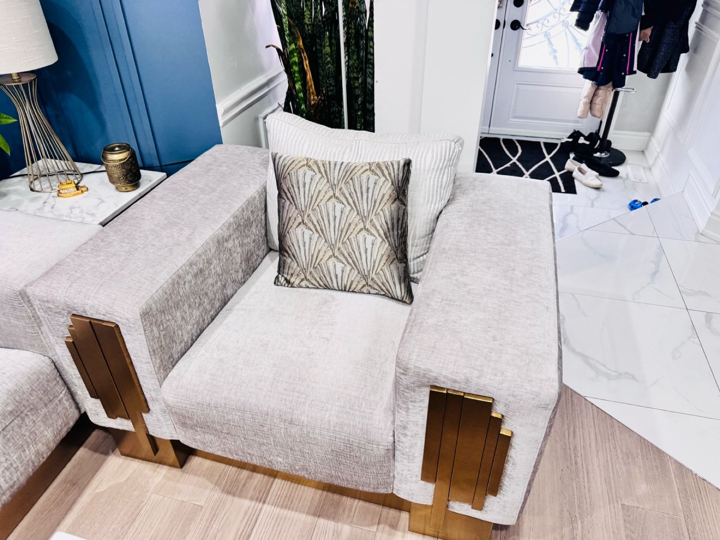 Elegant Grey Sofa with Gold Accents - photo 4