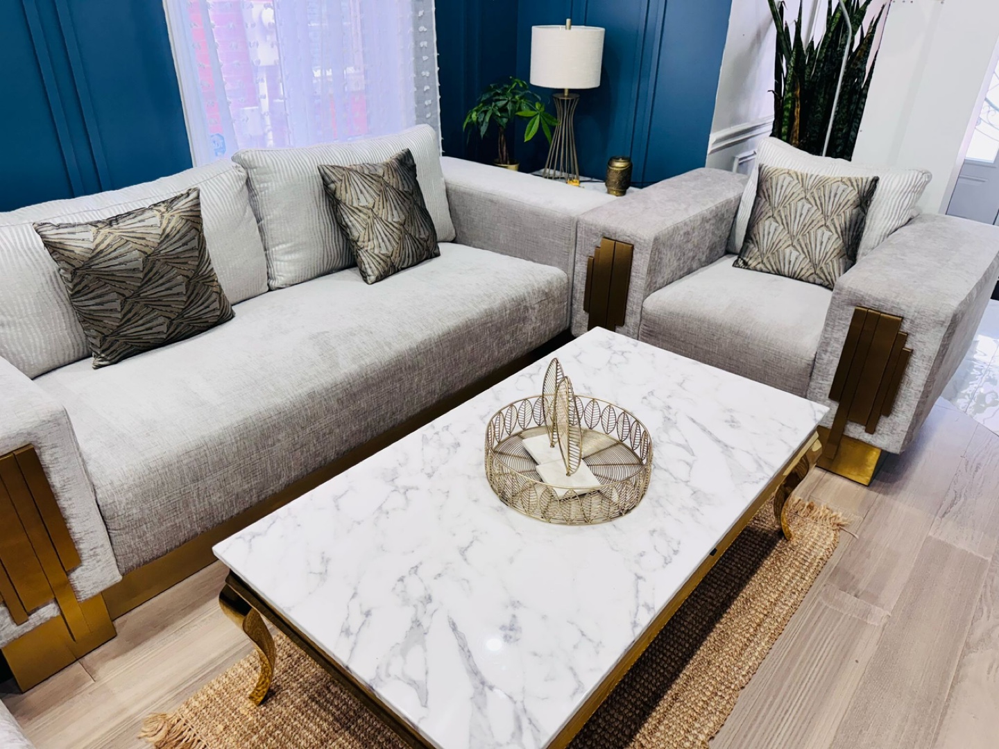 Elegant Grey Sofa with Gold Accents - photo 2