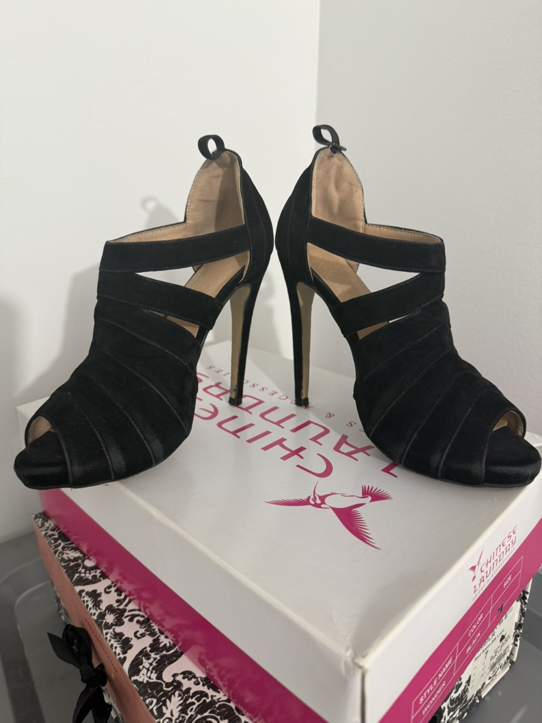 Chinese Laundry Black Suede Peep-Toe Heels