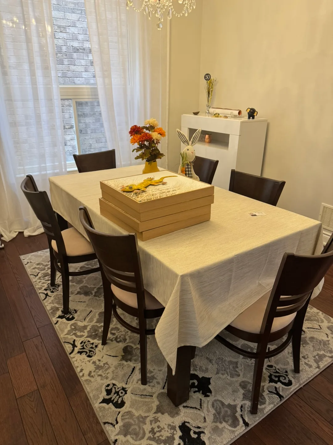 Six-Chair Dark Brown Wooden Dining Table Set image indicator(4)