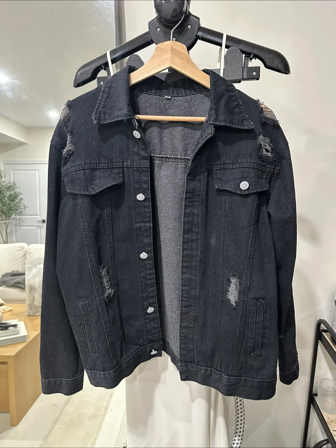 Black Distressed Oversized Denim Jacket Size S-M thumbnail