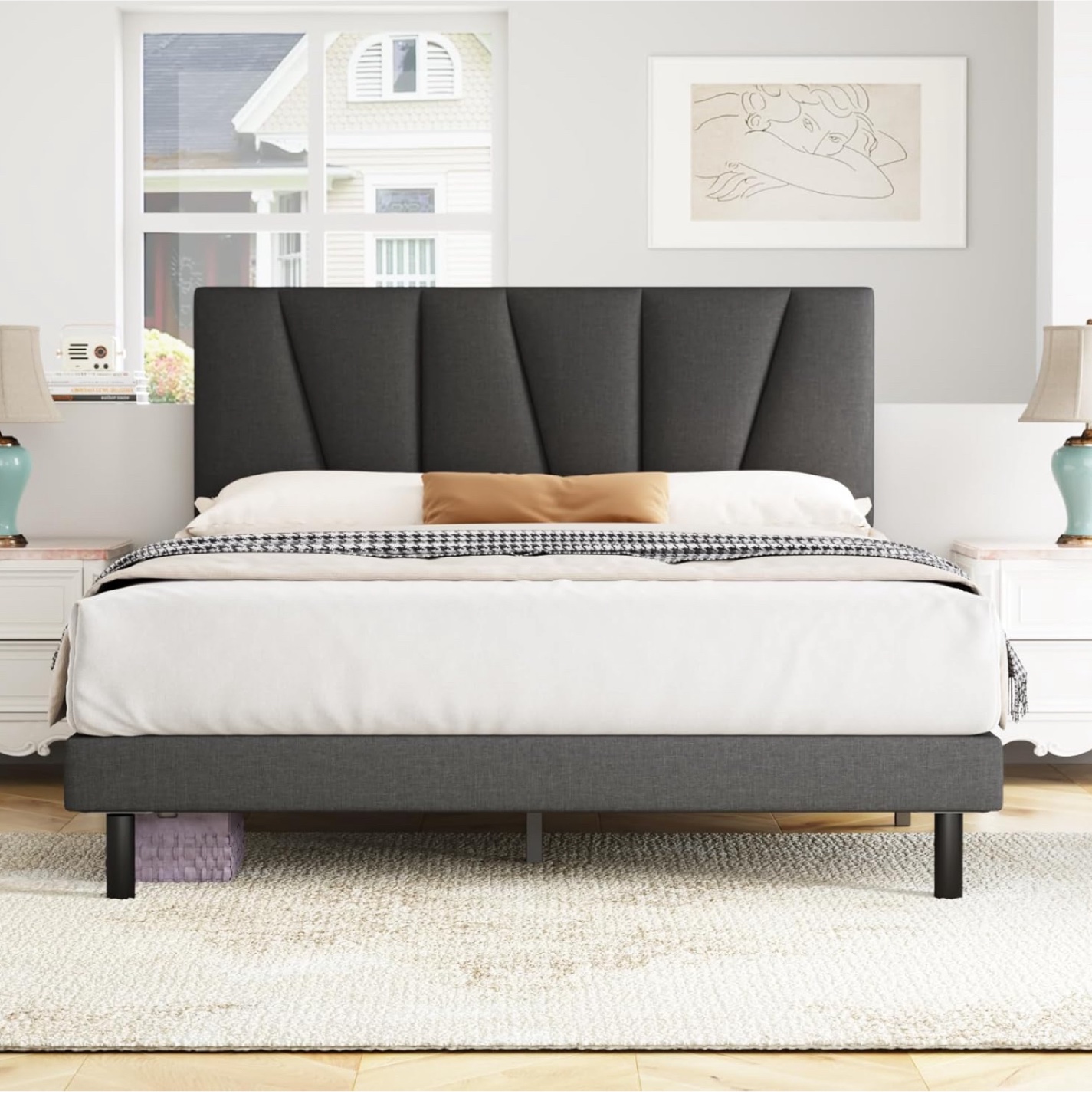 Queen Bed Frame - Dark Grey Upholstered Headboard