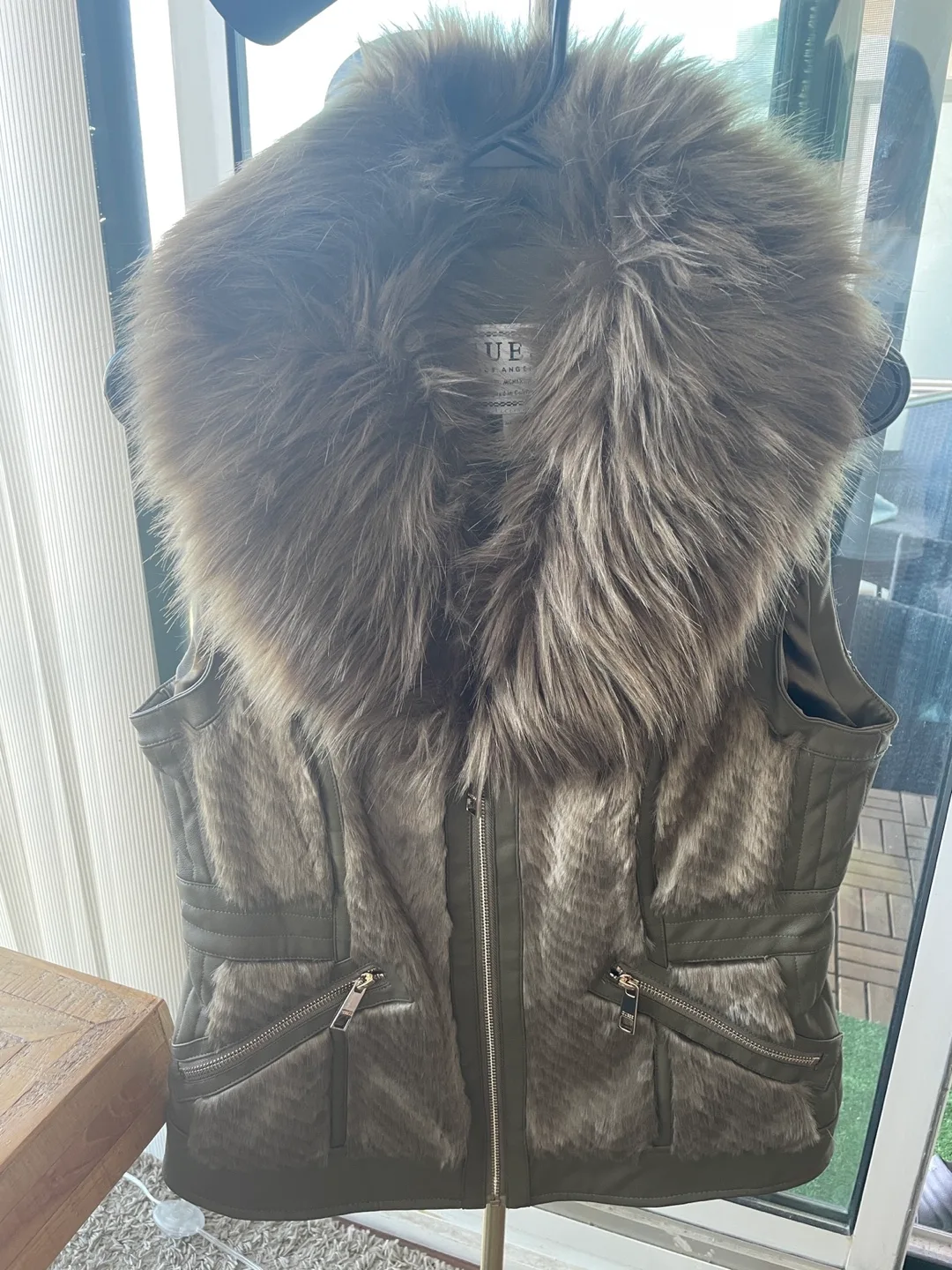 Guess olive green faux fur vest thumbnail