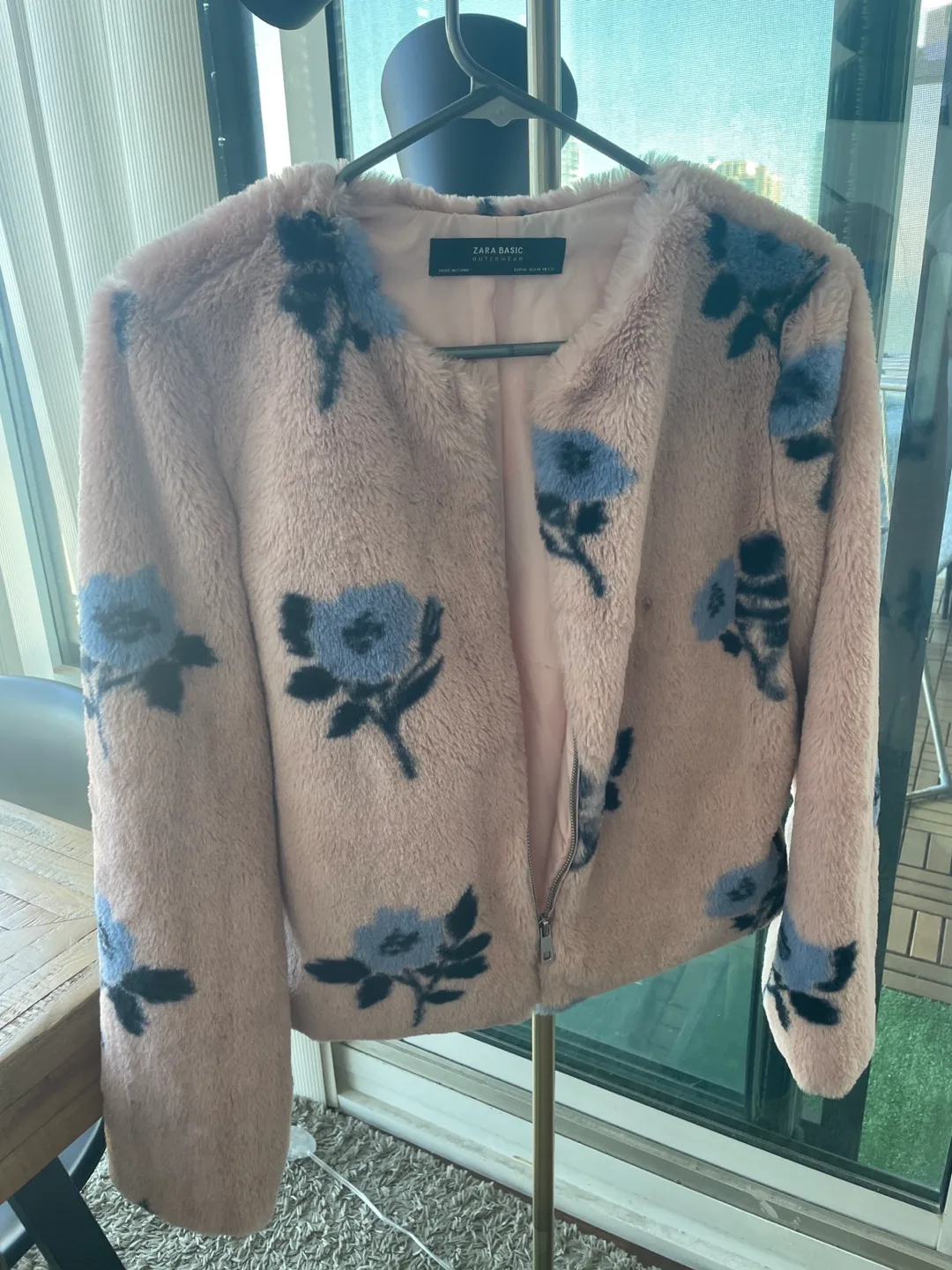 Zara Basic Pink Floral Faux Fur Jacket thumbnail